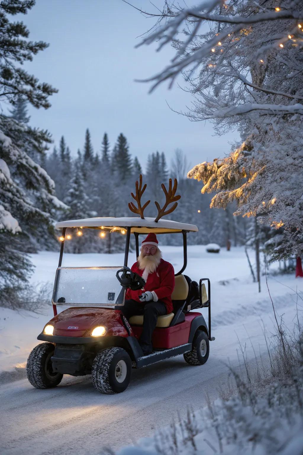 Santa's sleigh-inspired golf cart, ready to deliver holiday cheer.
