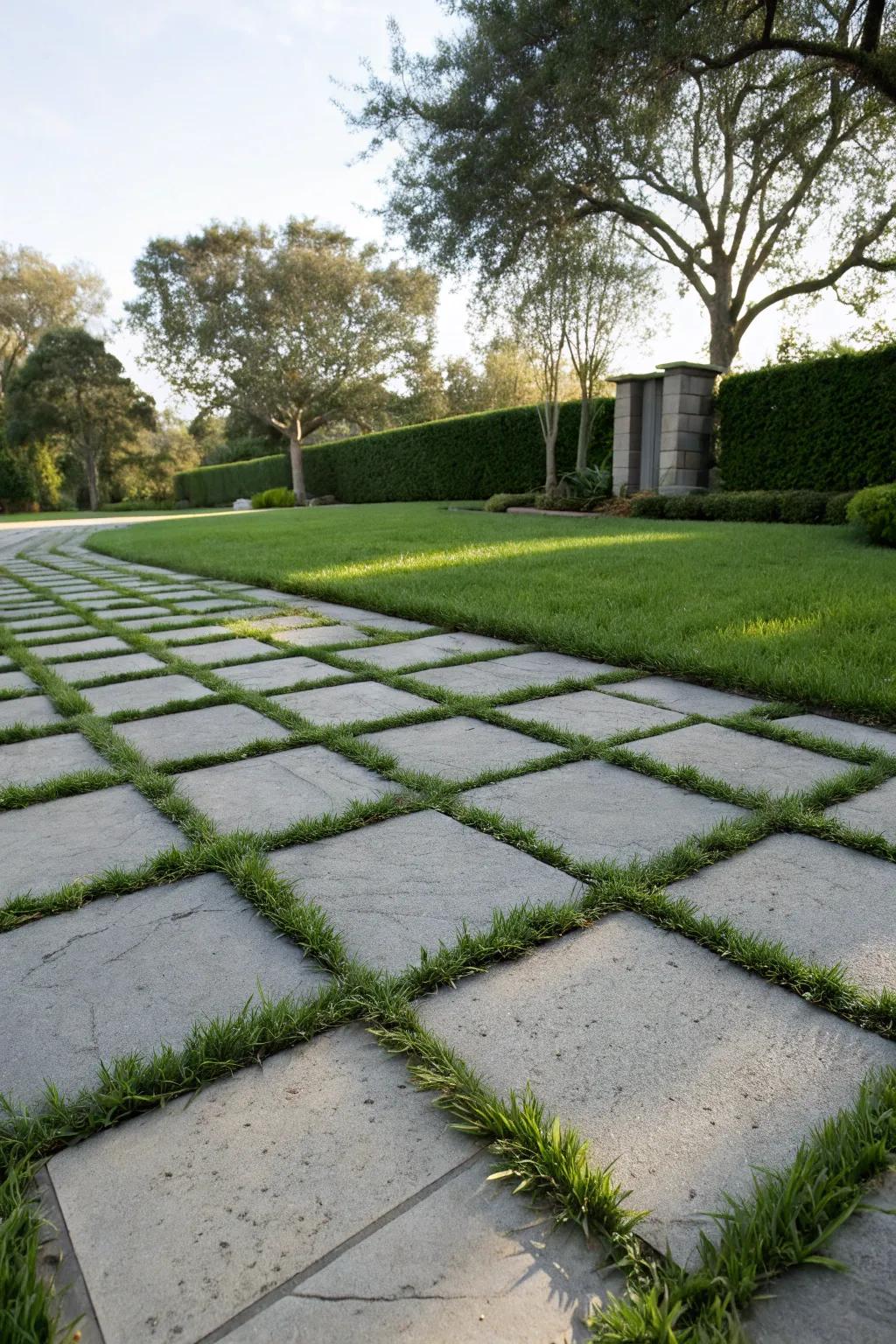 A harmonious blend of concrete pavers and grass creates a modern aesthetic.