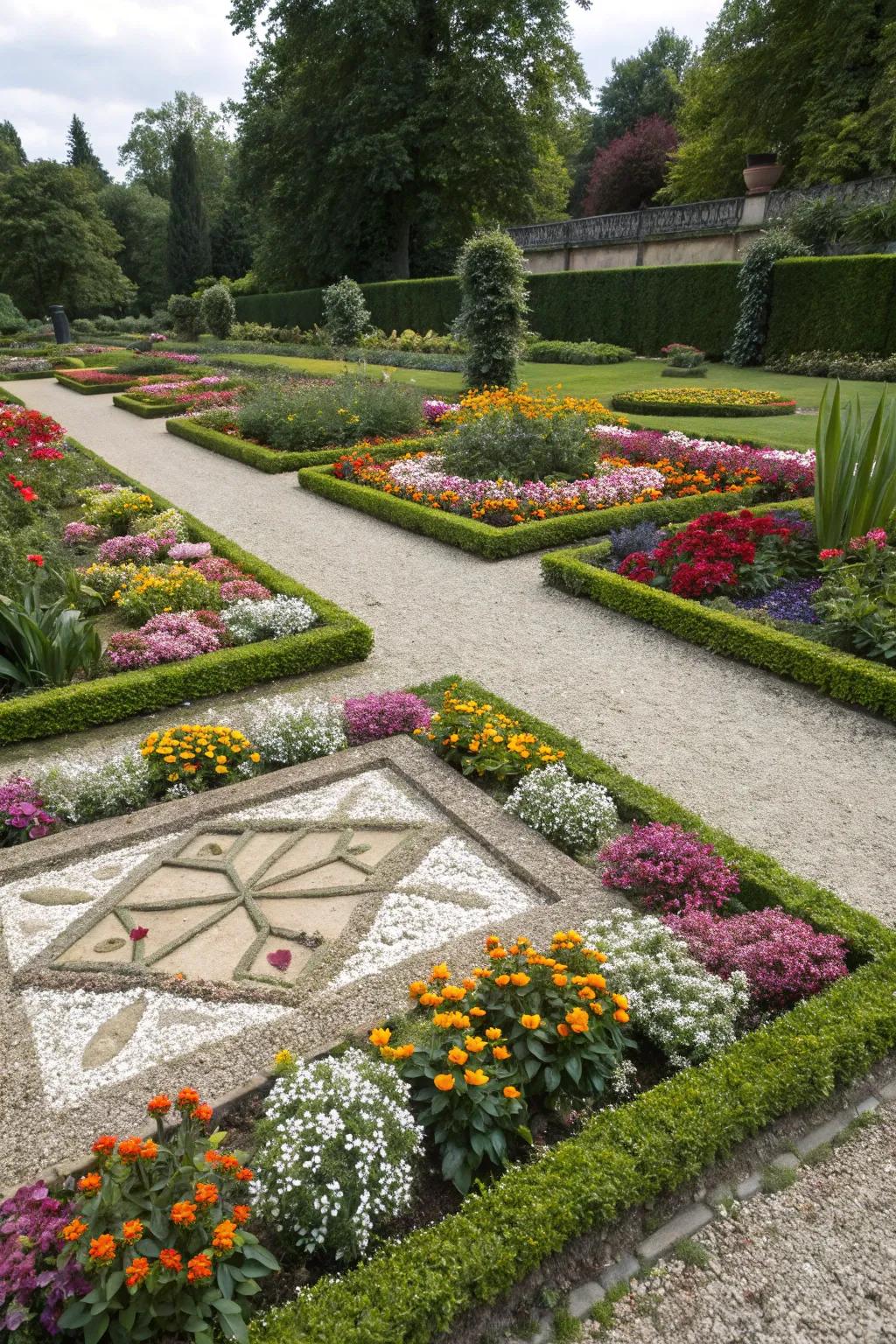 A gravel flower bed with striking geometric patterns