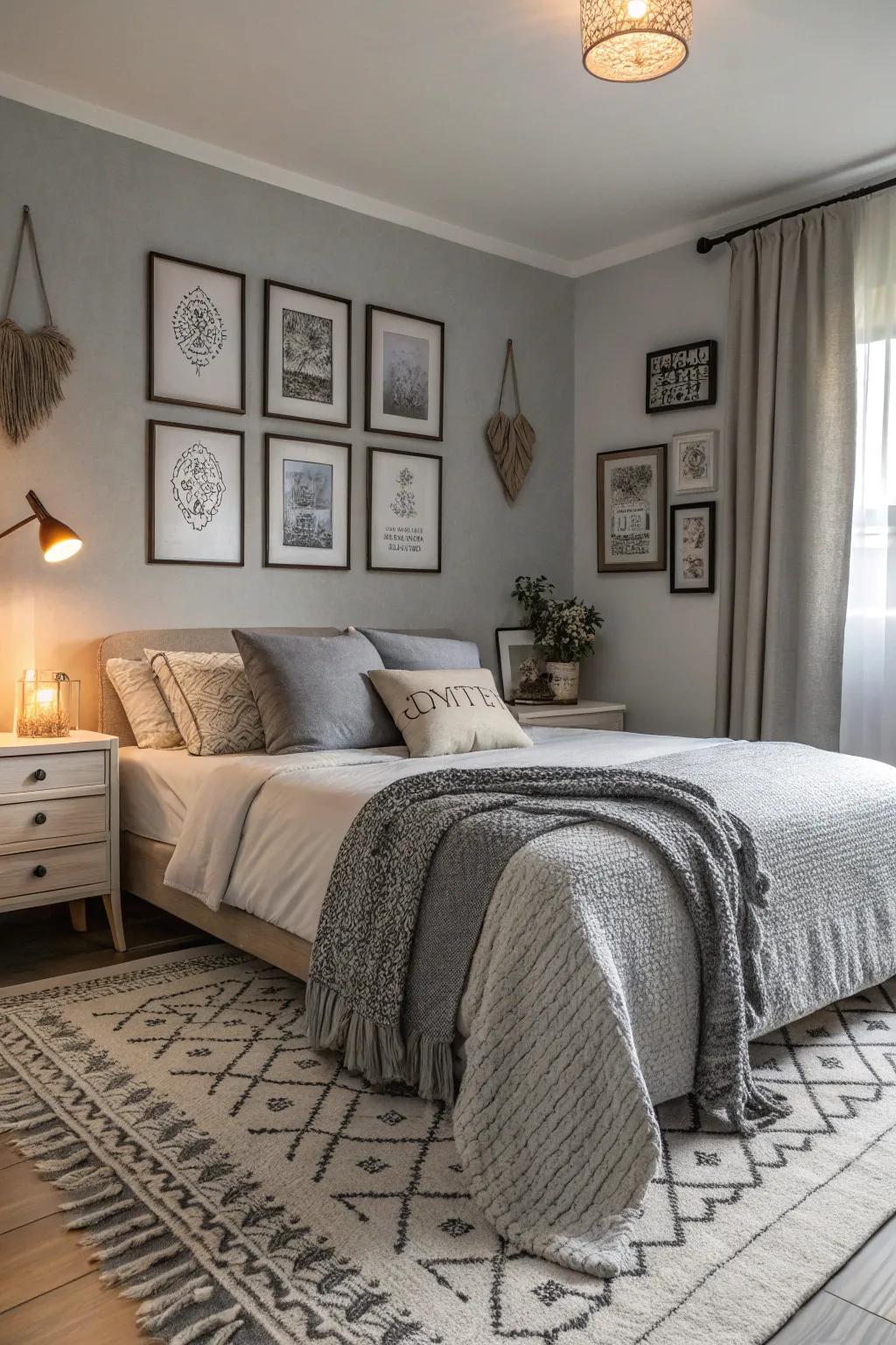 A bedroom that beautifully layers multiple shades of gray for depth and warmth.