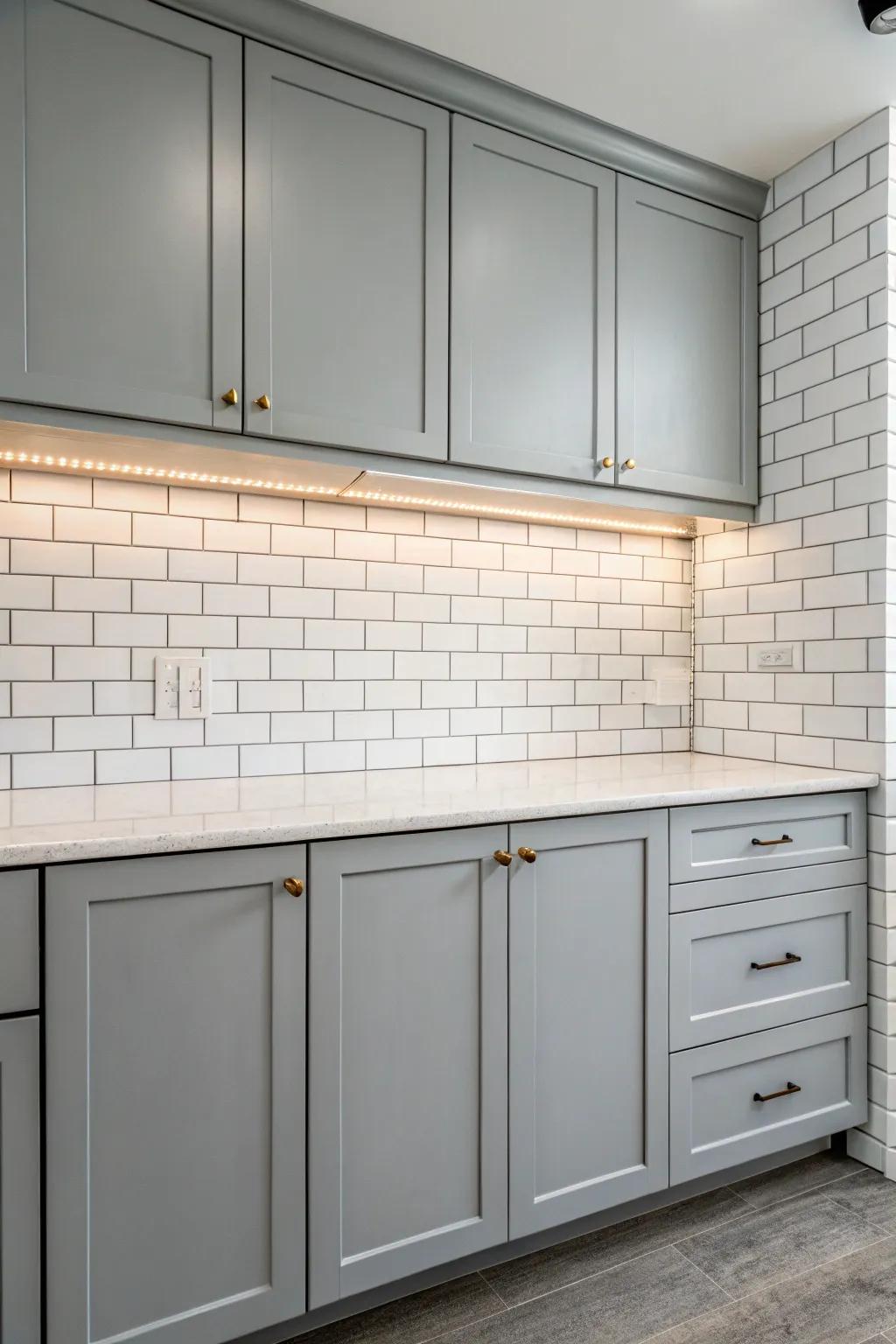 Gray cabinets with a white subway tile backsplash for a clean, classic look.