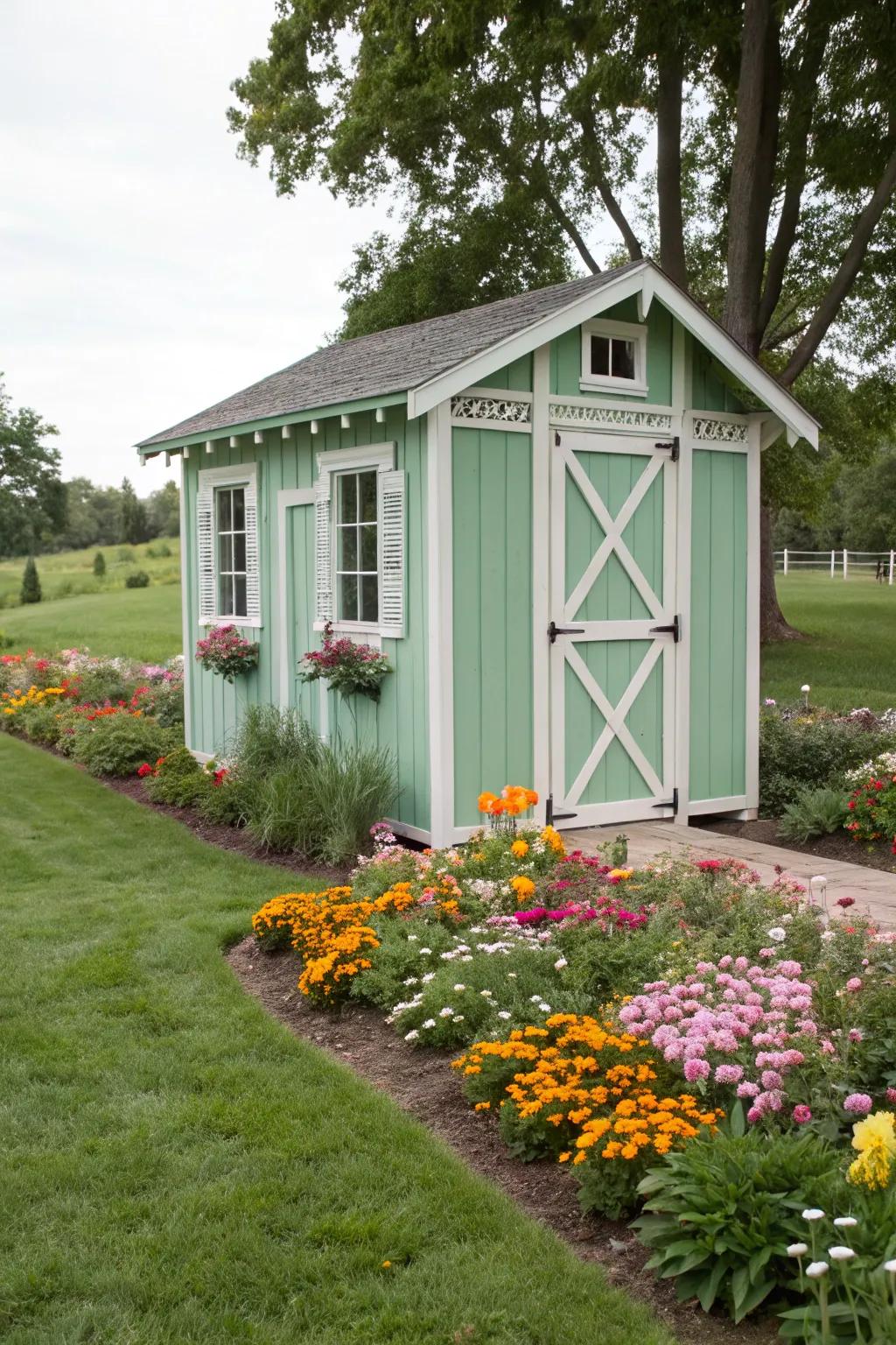 A mint green shed provides a fresh, lively touch to a garden.