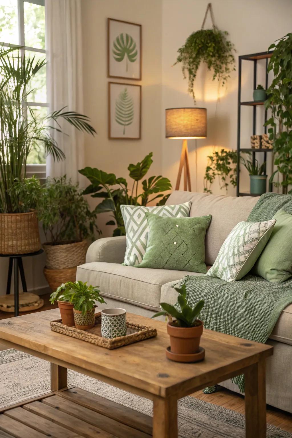 A cozy living room with a lush green theme.