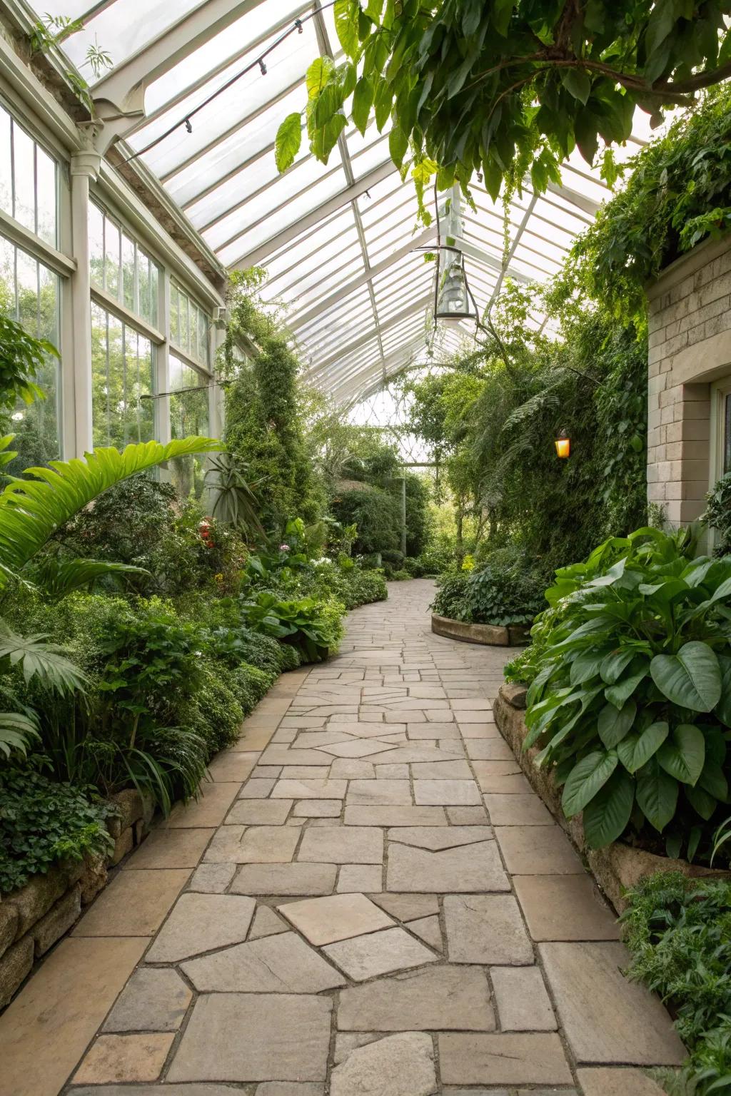 Stone pavers create a charming and stable greenhouse floor.