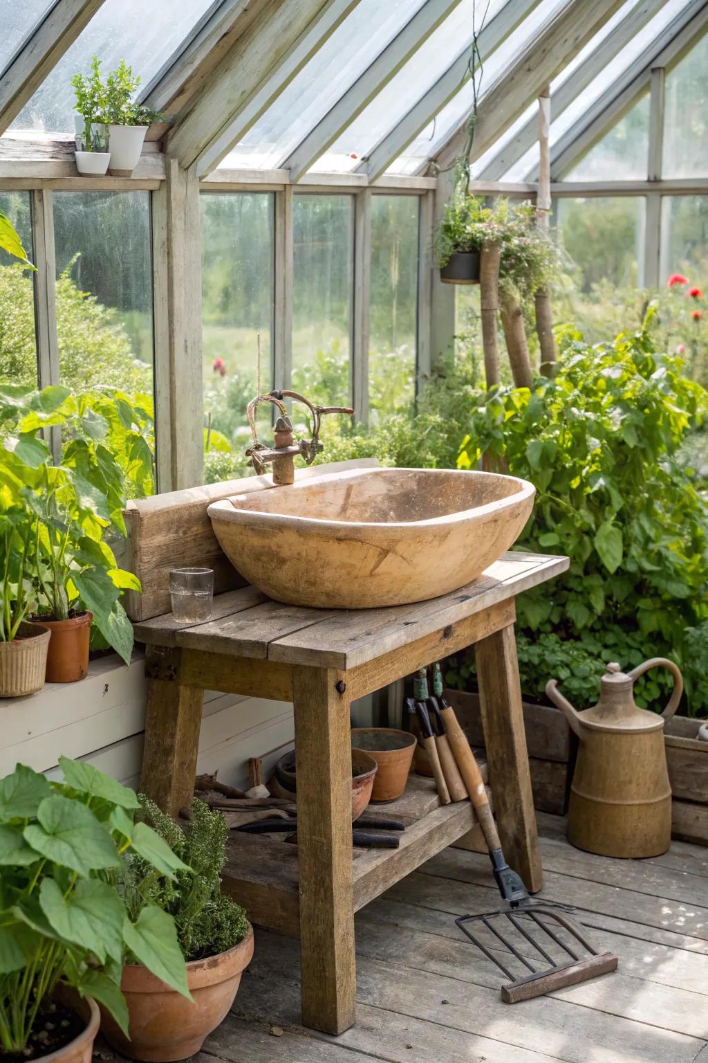 A rustic wooden sink that blends seamlessly into its greenhouse surroundings.