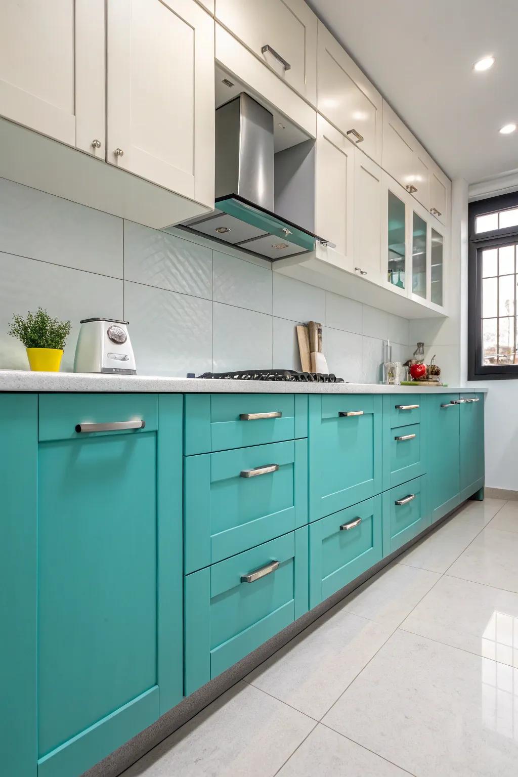 Bold turquoise cabinets with subtle grey accents create a stunning focal point.
