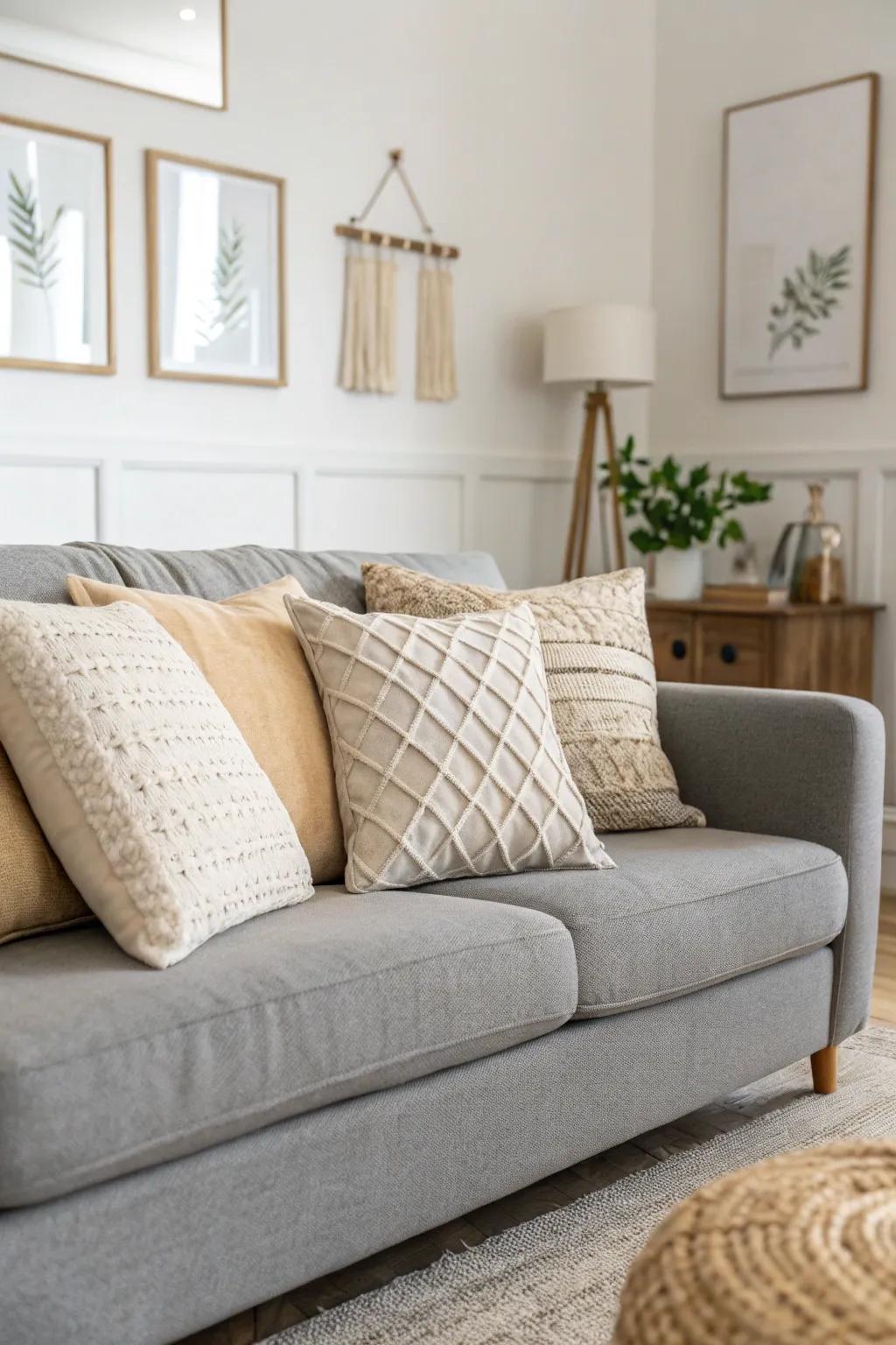 Neutral pillows create a sophisticated and calming atmosphere.