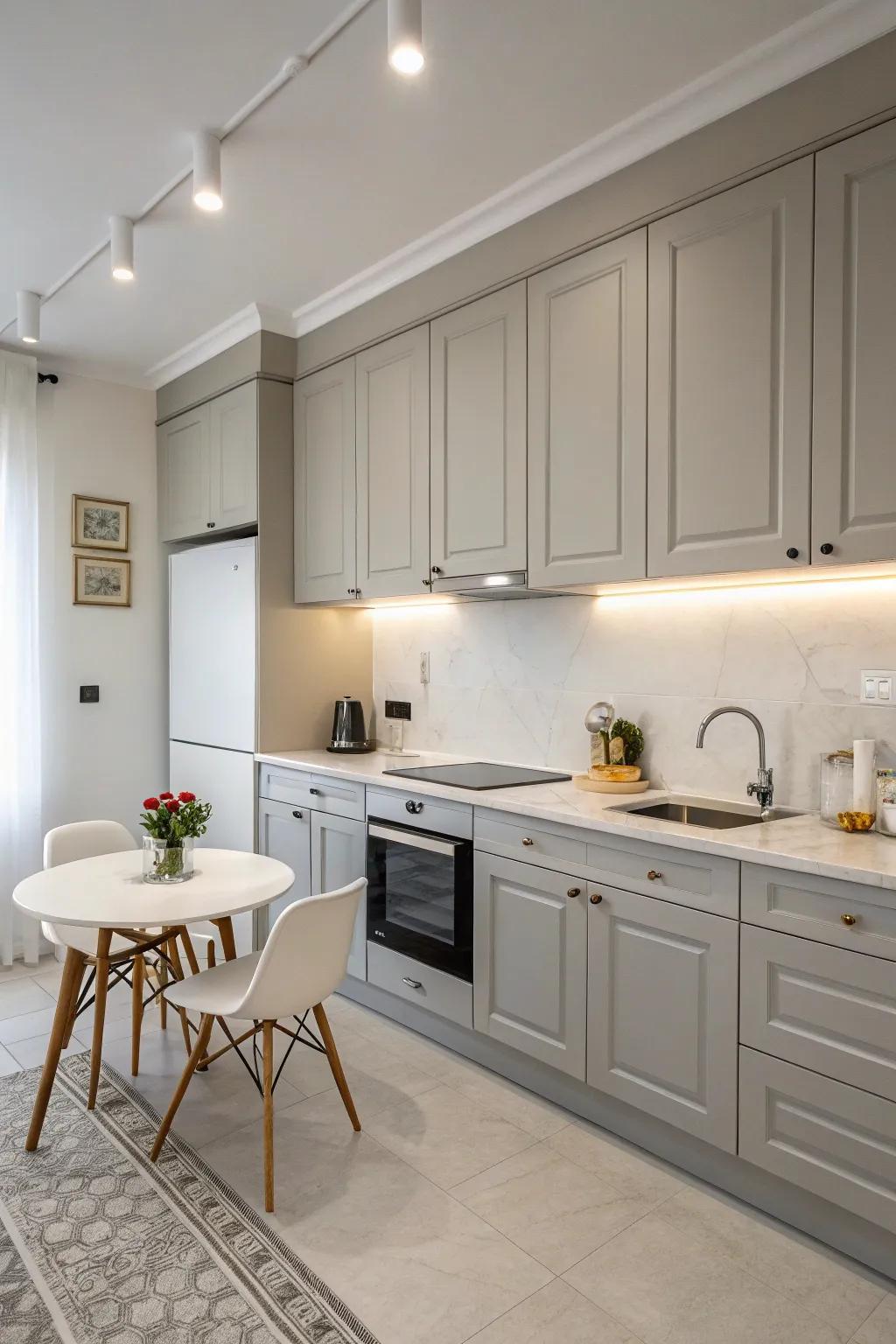 A minimalist grey kitchen exudes simplicity and tranquility.