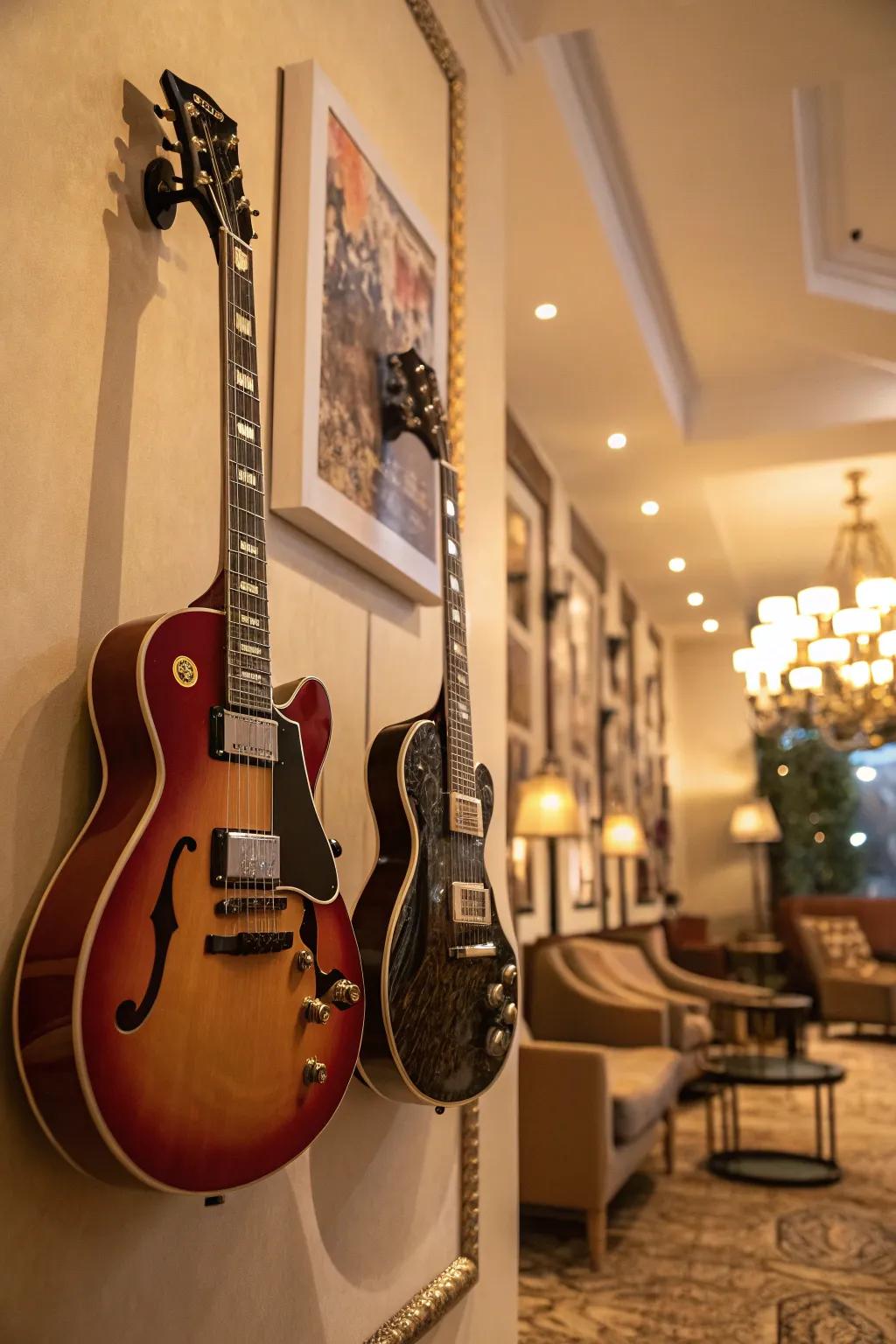 Guitars elegantly displayed on the wall, blending function and art.