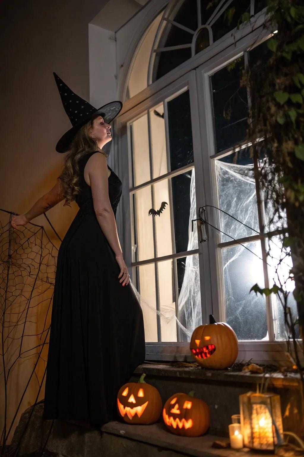 A classic witch look with a black dress and hat.