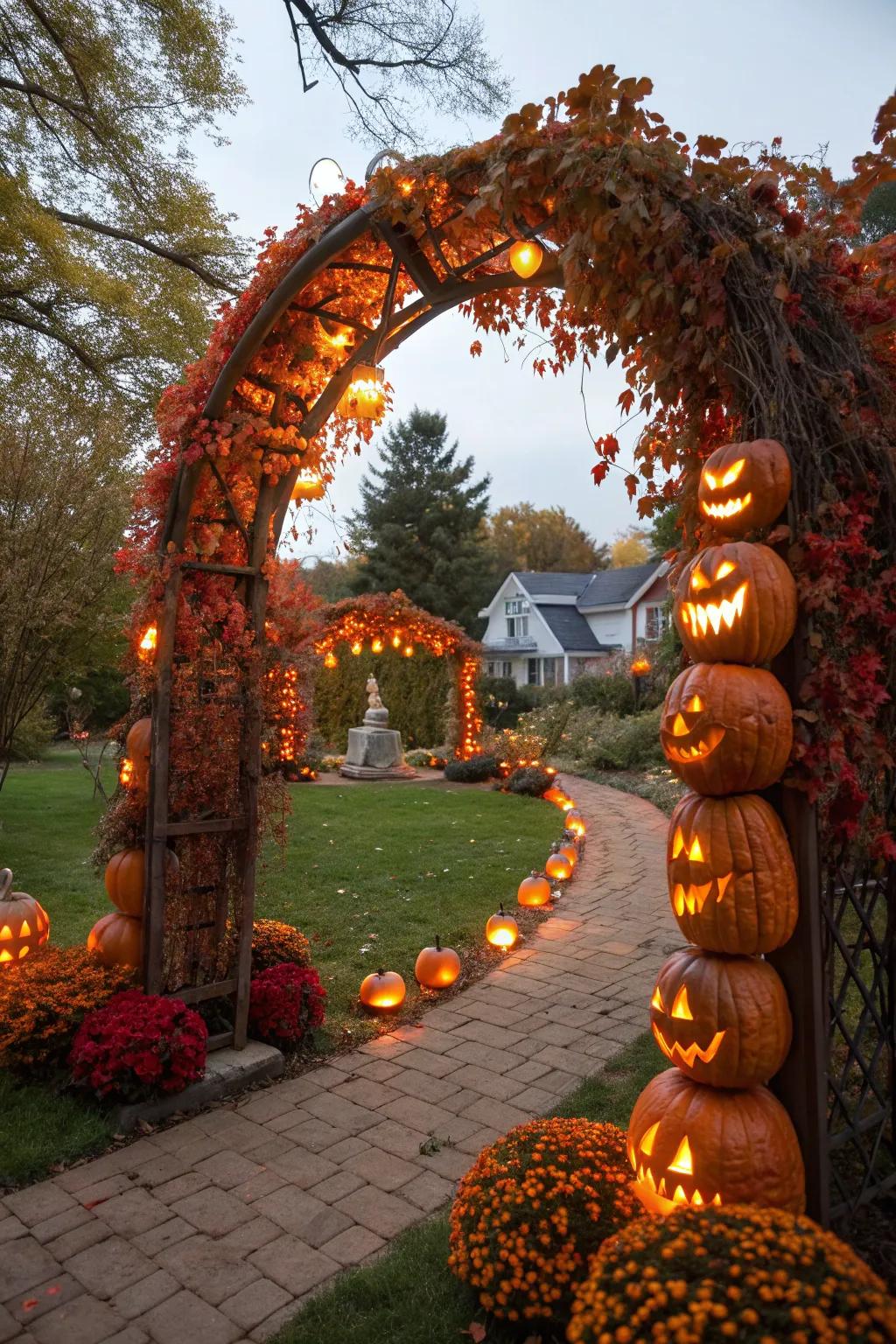 Welcome guests with a glowing pumpkin archway.