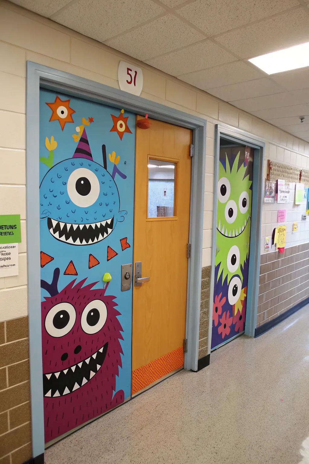 A door bursting with friendly, colorful monsters, perfect for school.