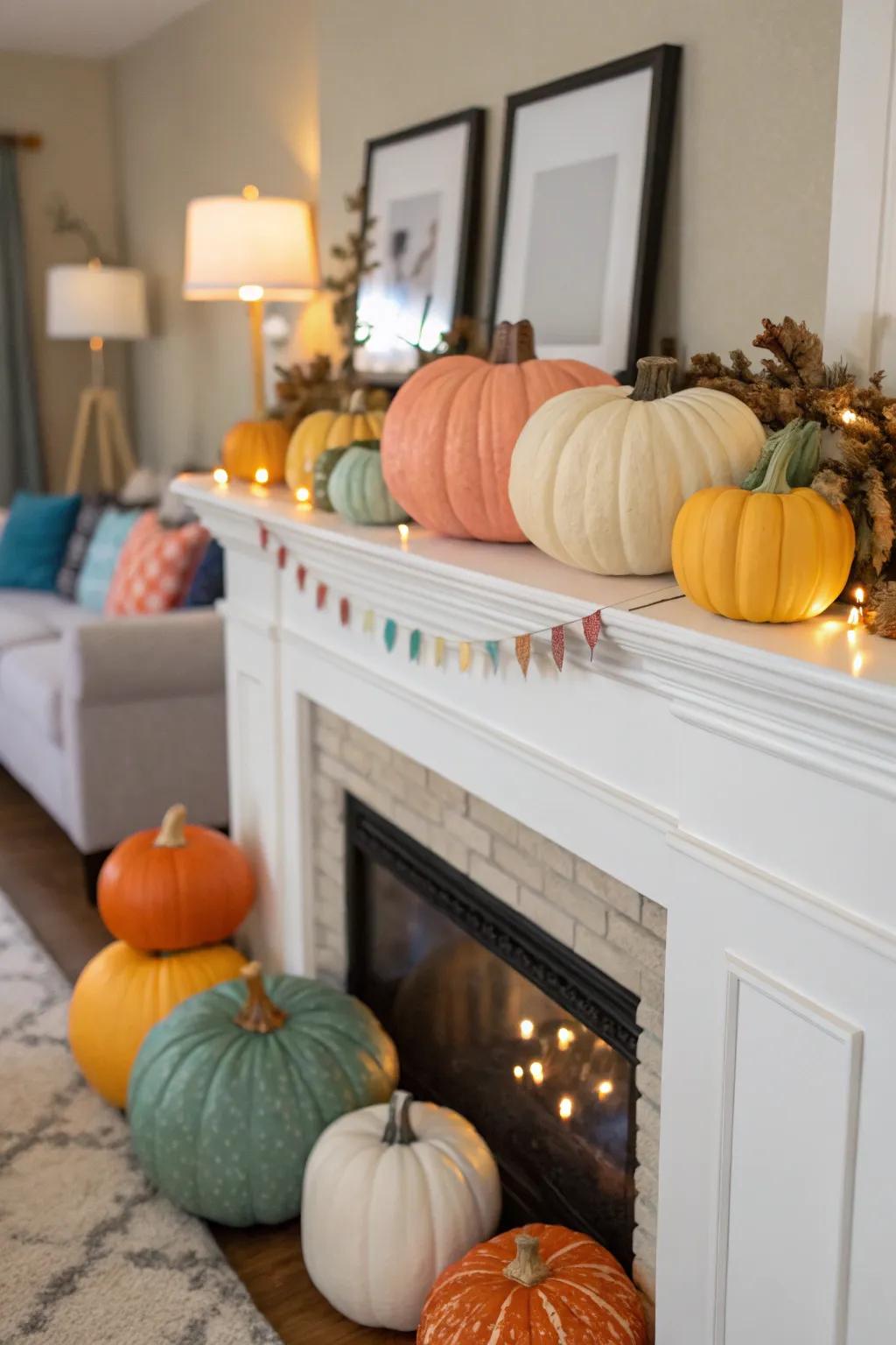 Pumpkin paradise on the mantel, full of autumn charm.