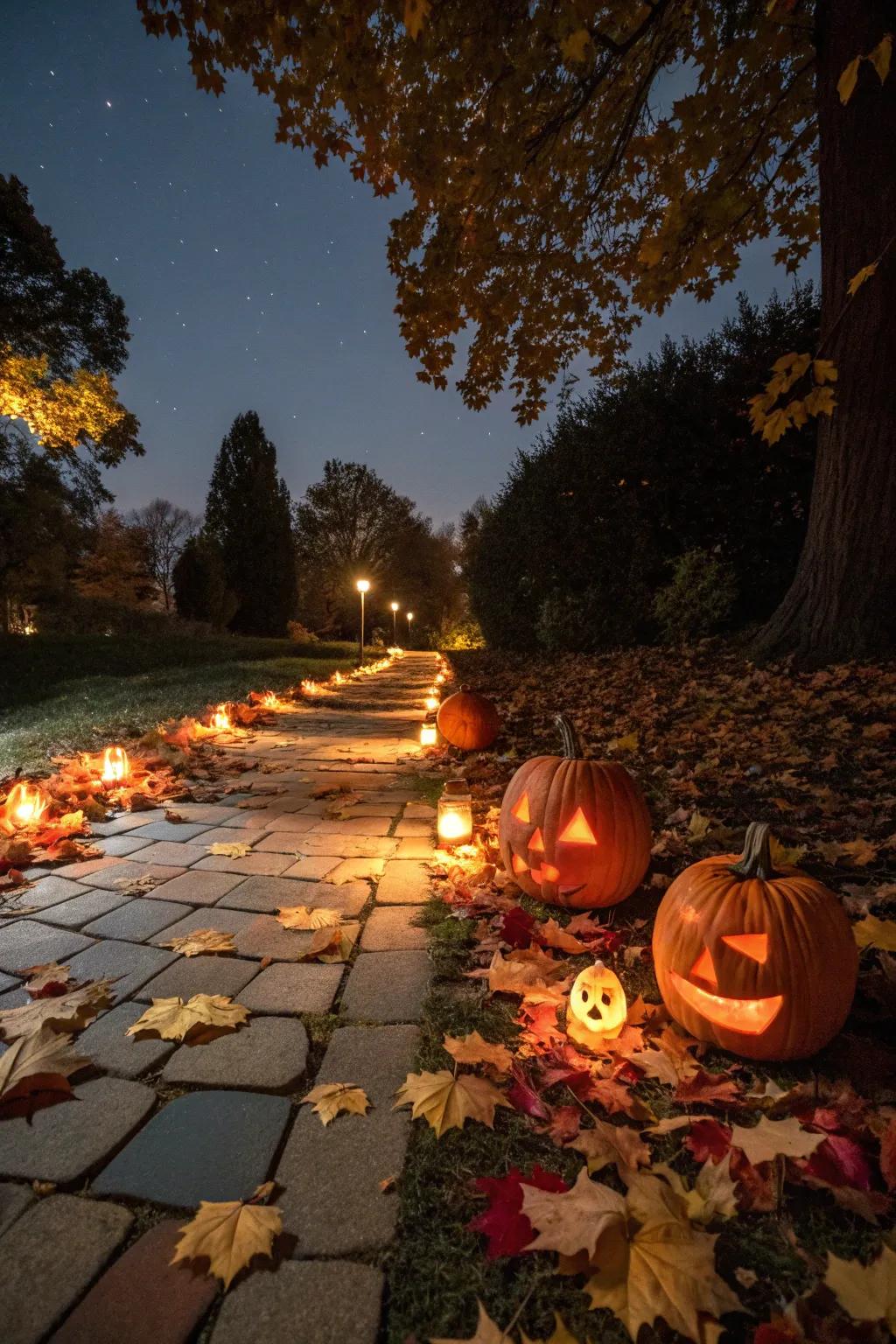 A magical pathway illuminated by glowing pumpkins, perfect for Halloween night.