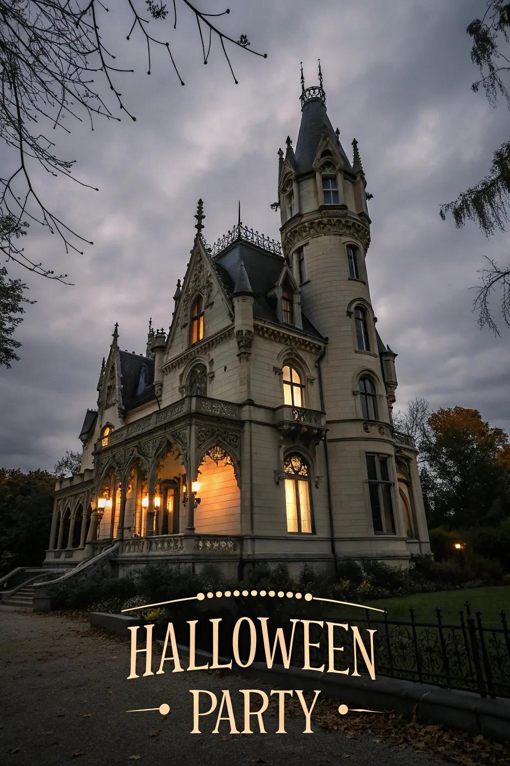 A Halloween flyer with a gothic mansion theme, perfect for a classy yet spooky event.