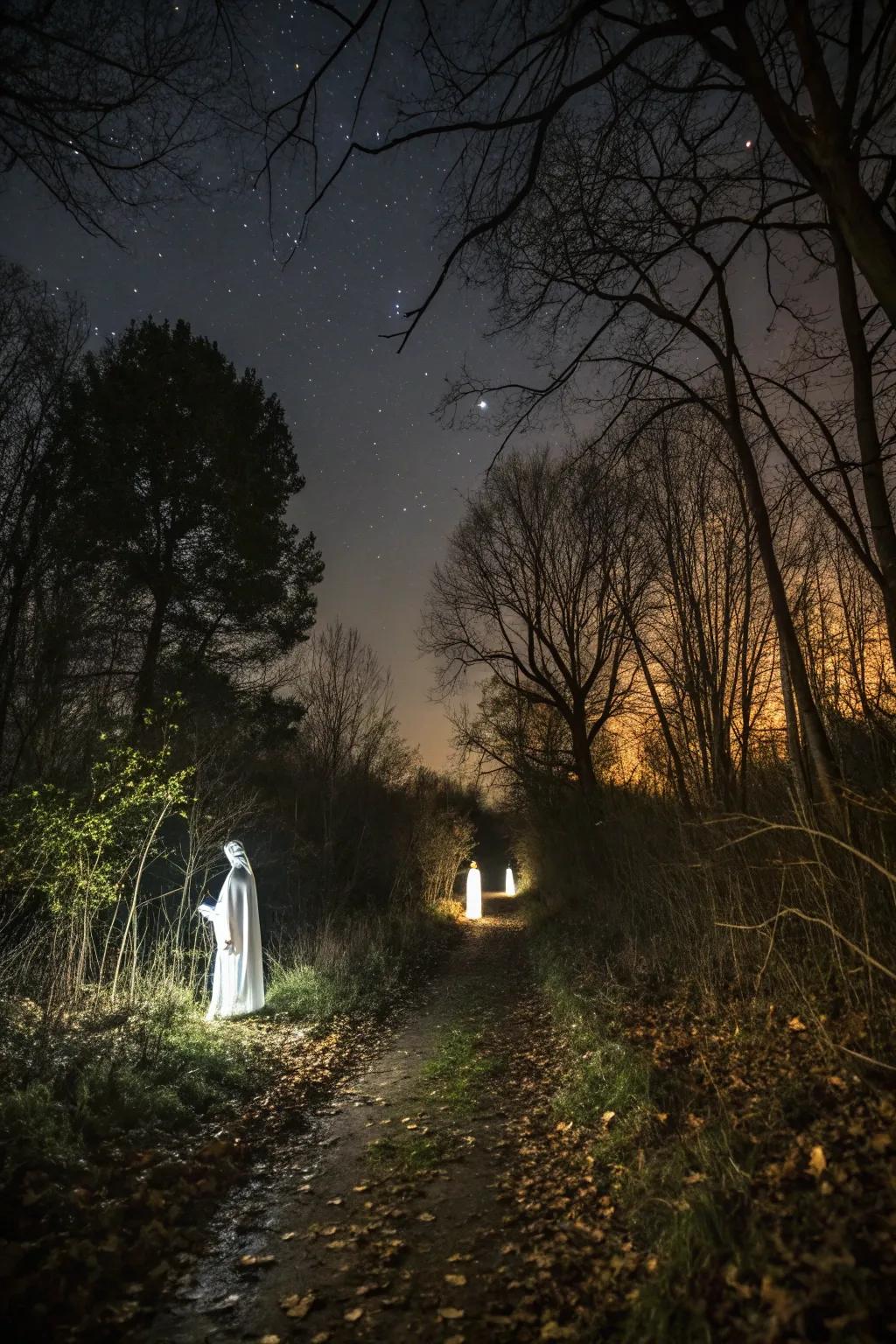 Ghostly figures guiding the way along a woodland path.