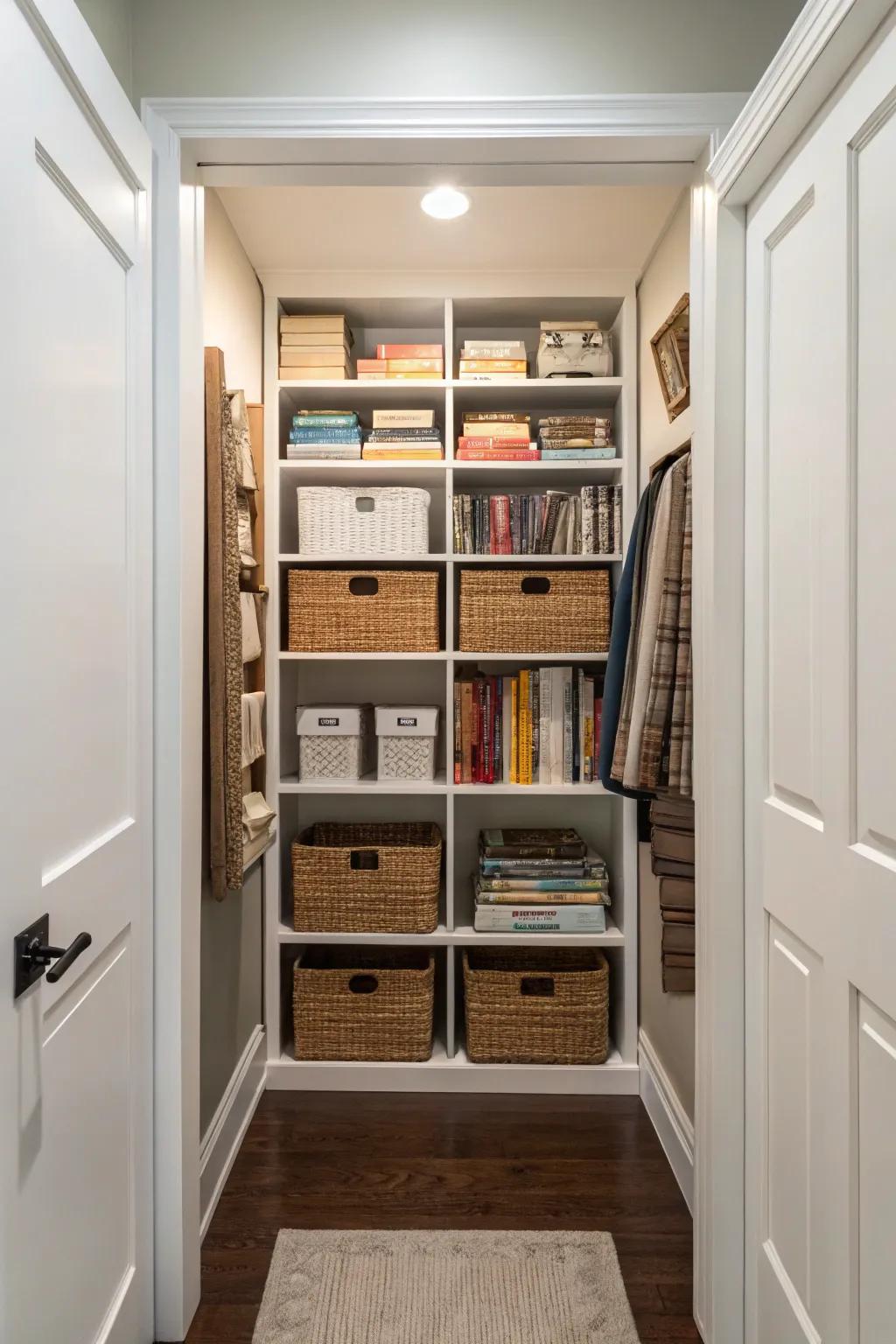 An organized hallway closet using adjustable shelving to maximize vertical space.