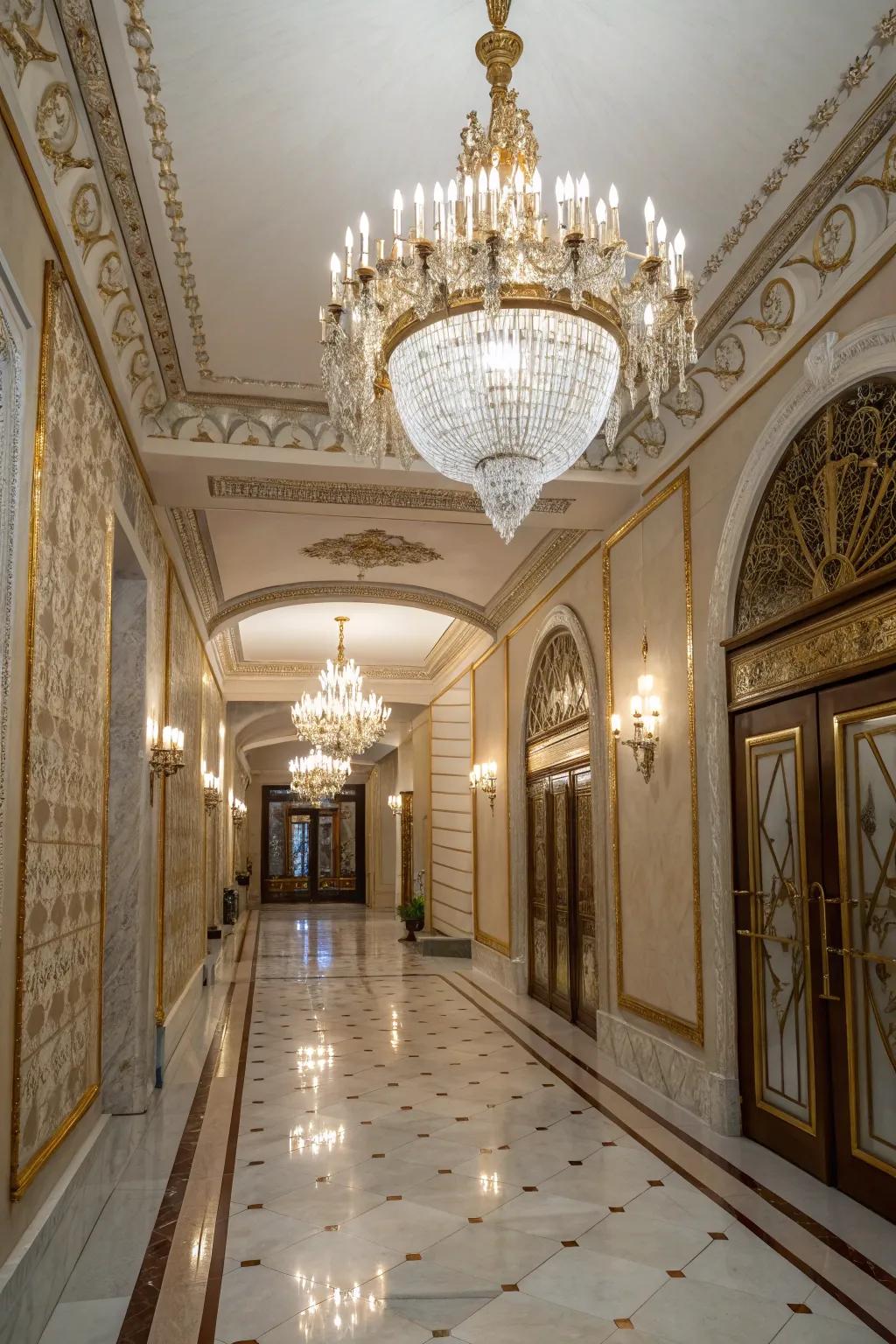 A chandelier transforms a hallway into an elegant and sophisticated space.