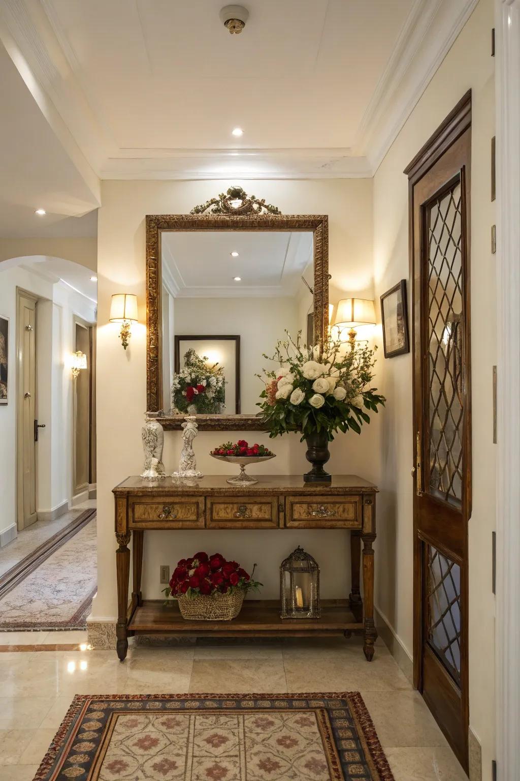 A classic console table setup with a mirror for timeless elegance.