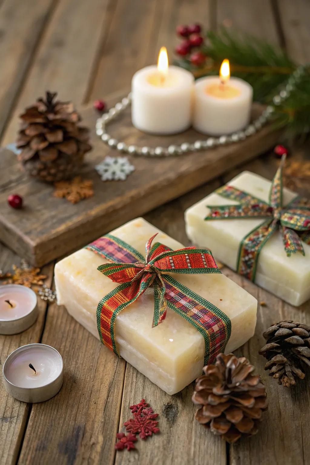 Hand soap beautifully wrapped with festive ribbons