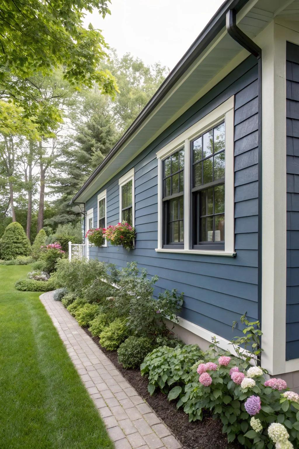 Striking navy blue trims create a bold contrast against light gray siding.