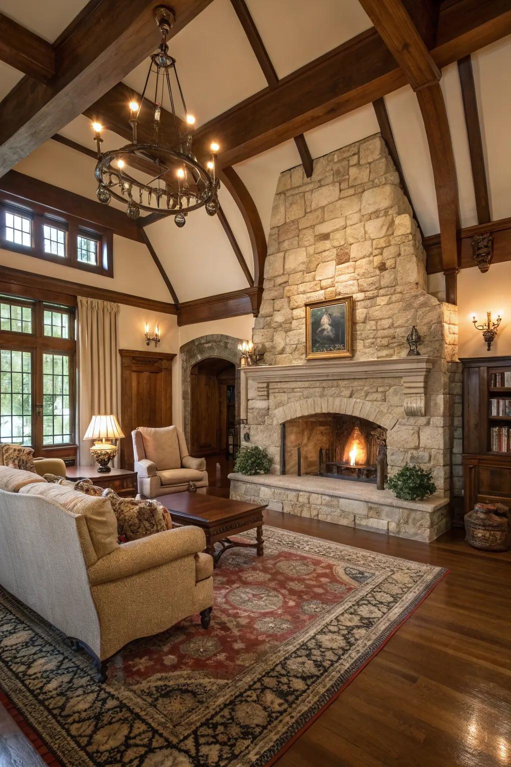 A traditional living room showcasing a grand stone fireplace as the centerpiece.