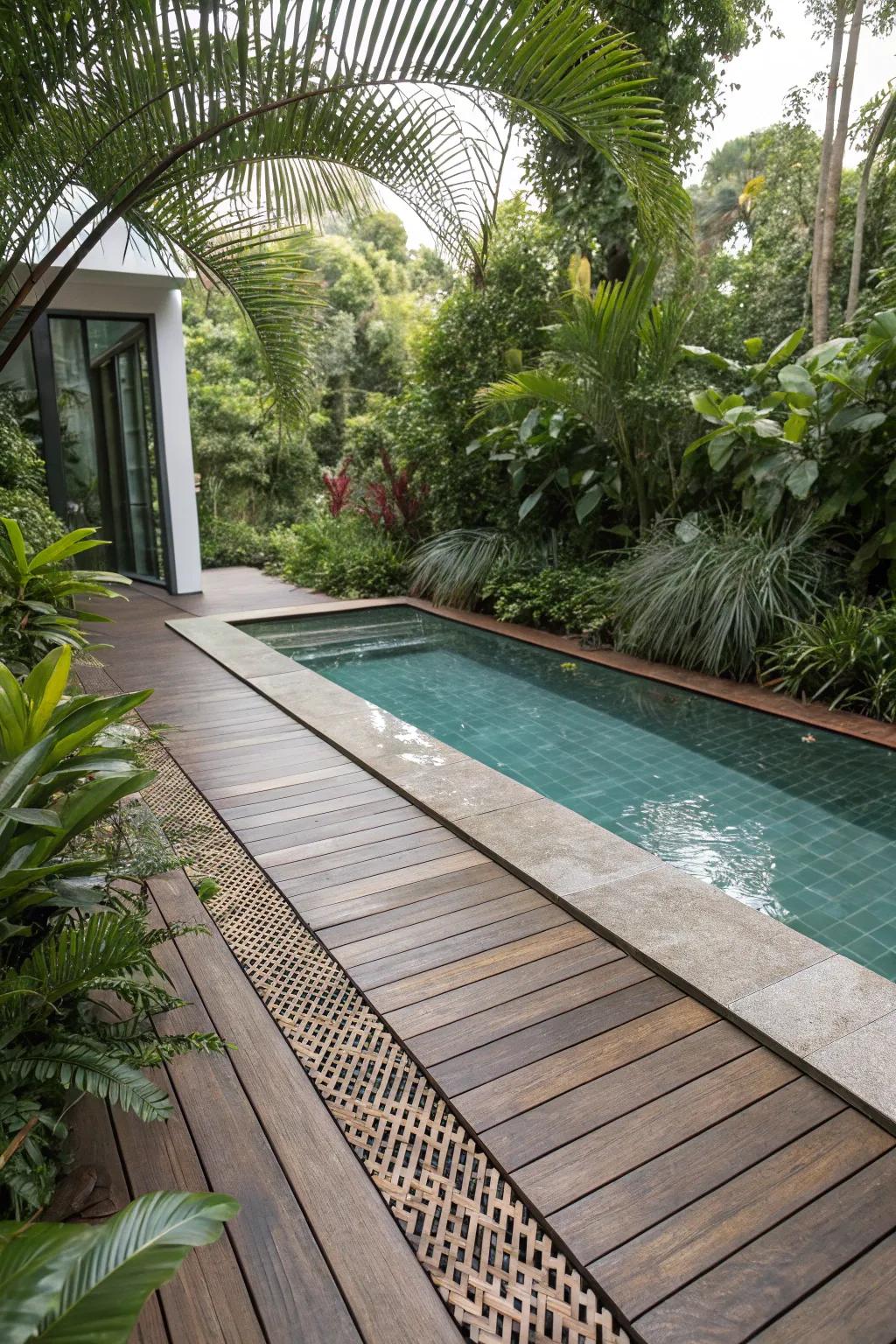 Seamless integration of drain covers with the deck's wooden texture.