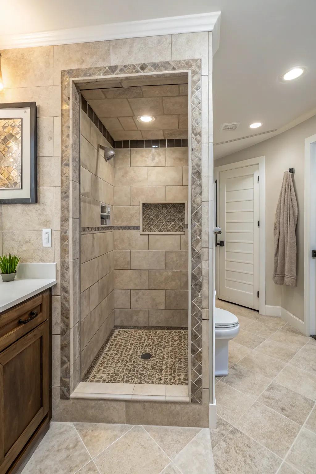 A concealed alcove shower perfectly blends into the bathroom design.