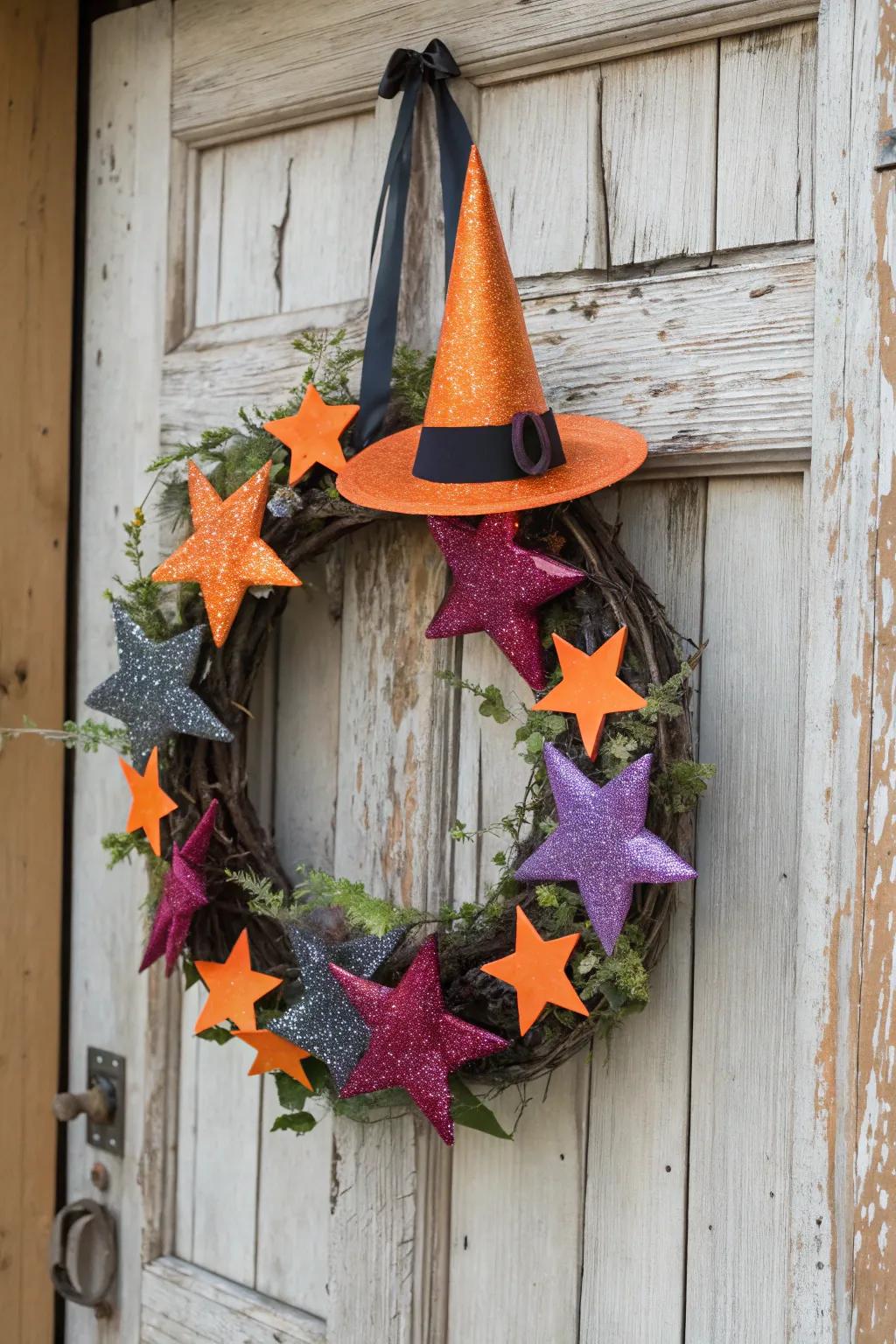 A whimsical wreath with witch hats perfect for casting spells.