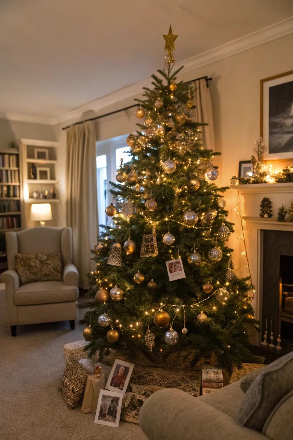 A Christmas tree adorned with a blend of metallic ornaments and personal treasures.