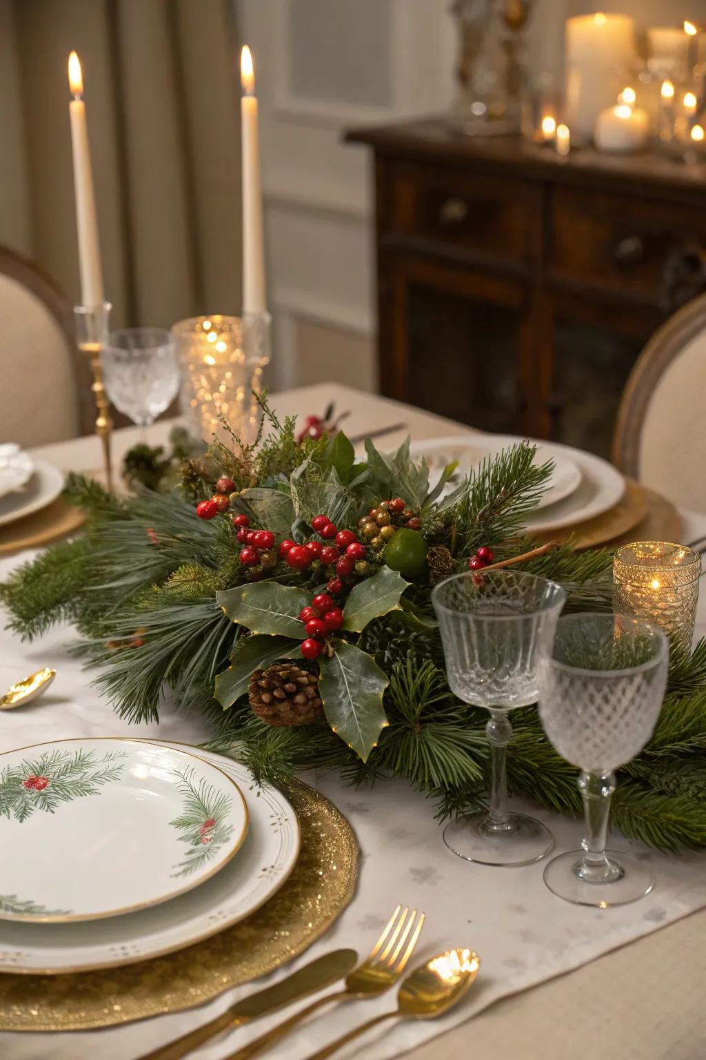 Incorporate natural elements like pine branches and holly for a festive touch.