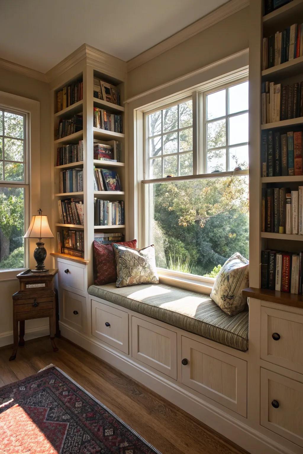 A window nook that invites you to unwind with a good book.