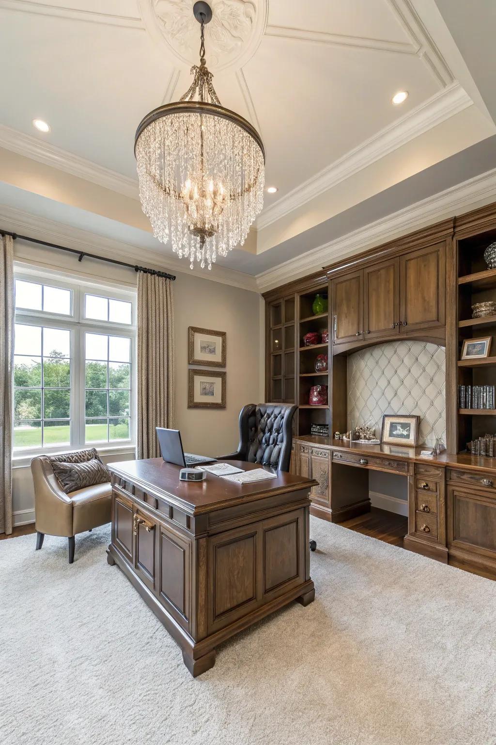 A crystal chandelier elevates the elegance of any home office.