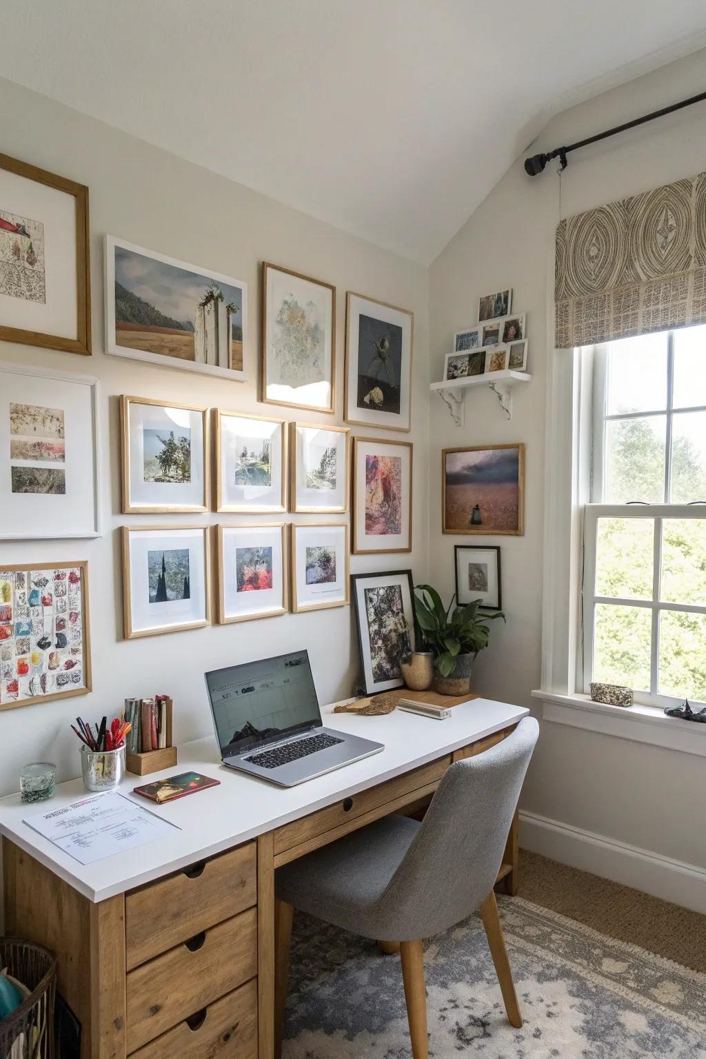 A gallery wall adds a personal touch to your home office.