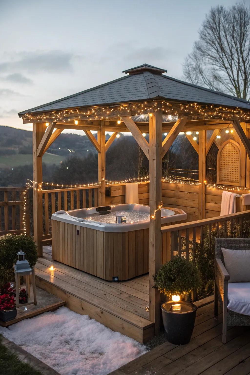 A wooden gazebo adds elegance and protection to your hot tub.