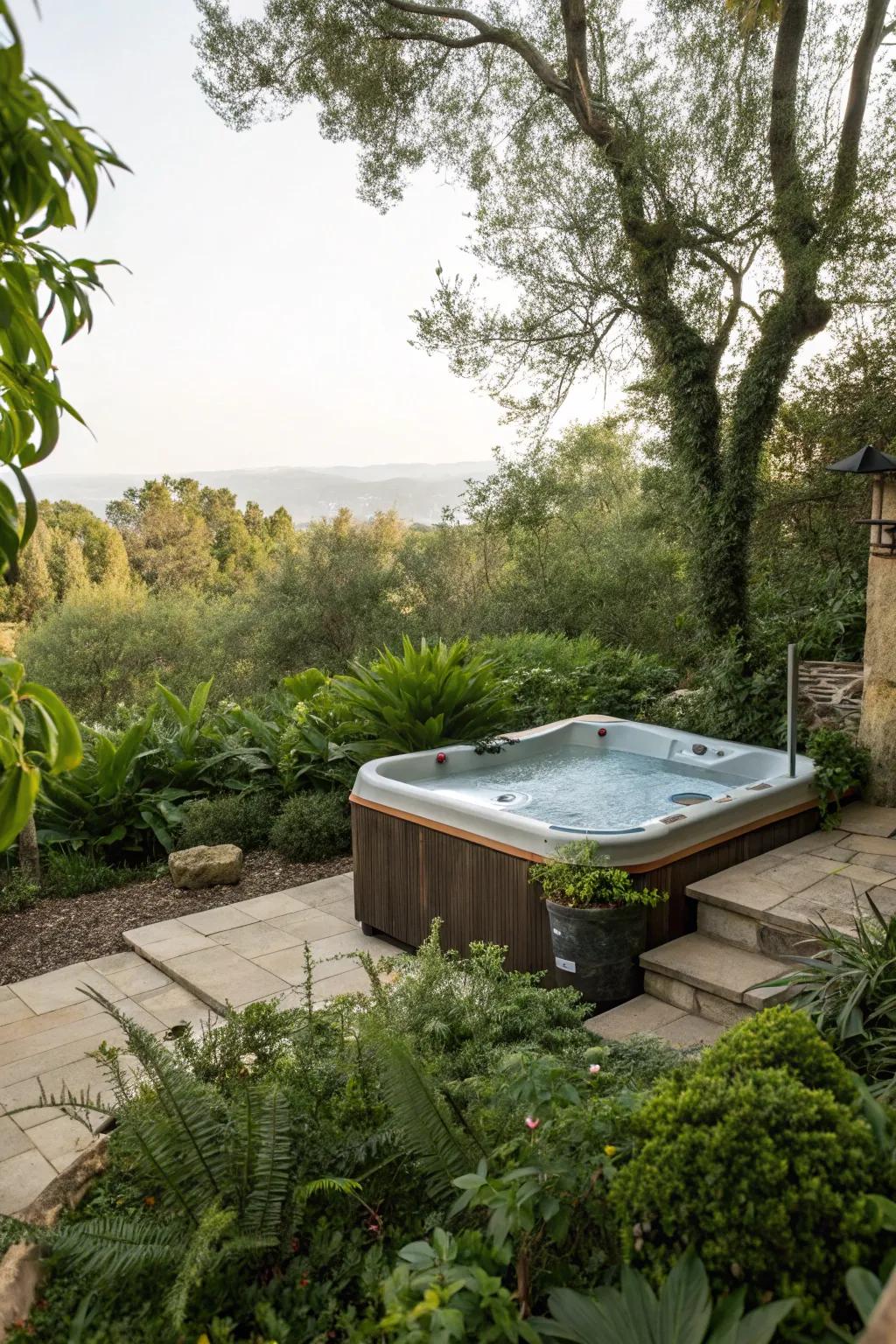 A hot tub beautifully integrated into a natural garden setting.