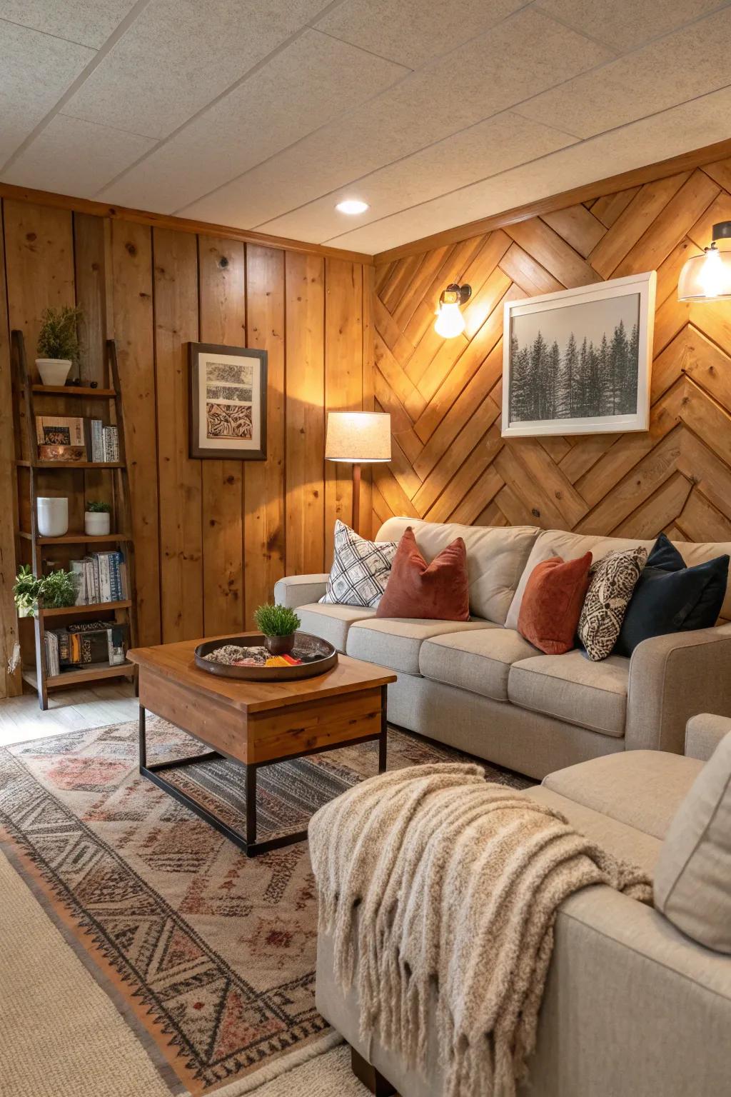 Wood paneling adds a cozy touch to this living space