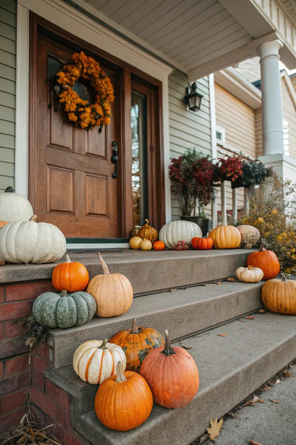 A charming pumpkin display on a front porch