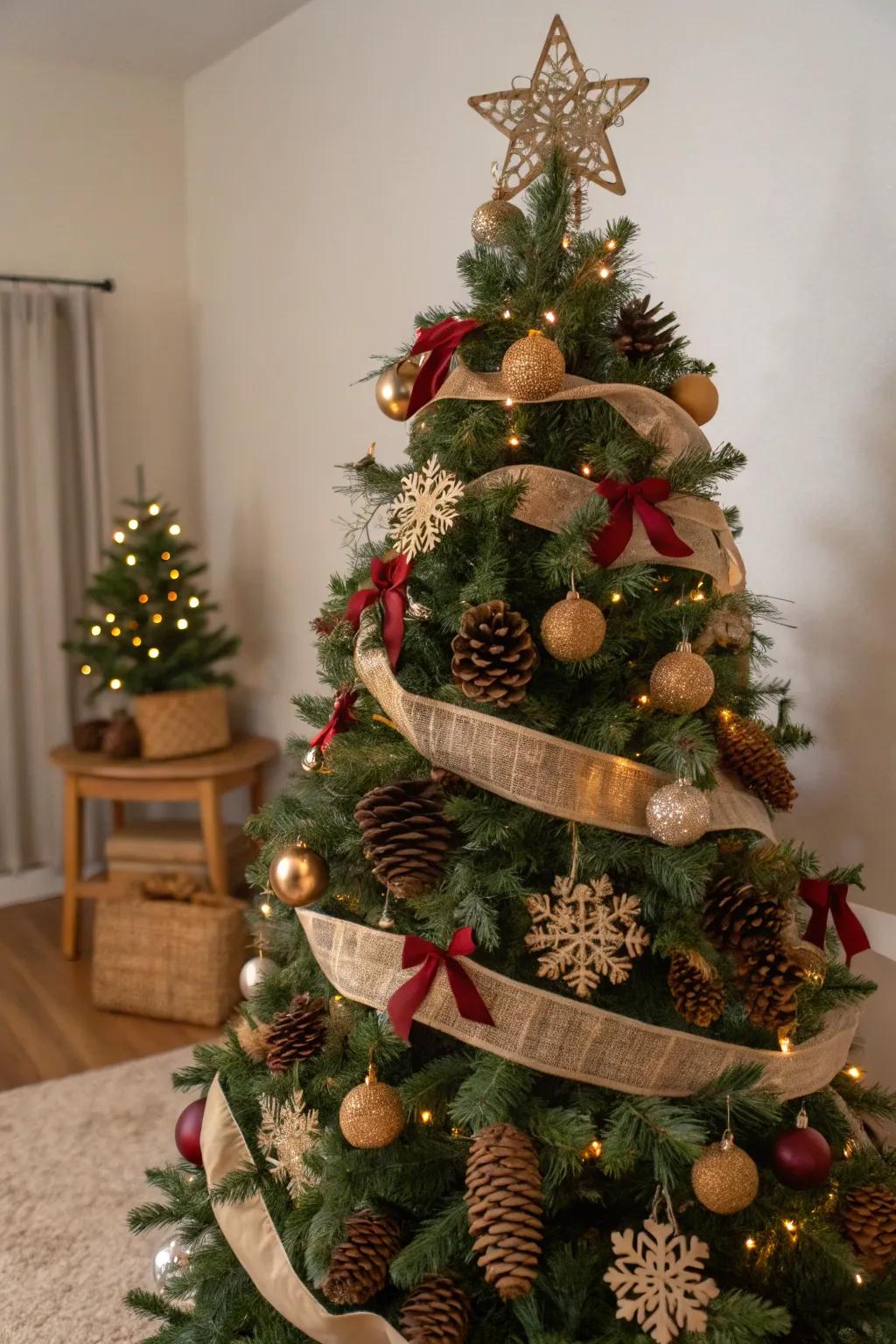 A rustic-themed Christmas tree with natural elements like pinecones and burlap ribbons.