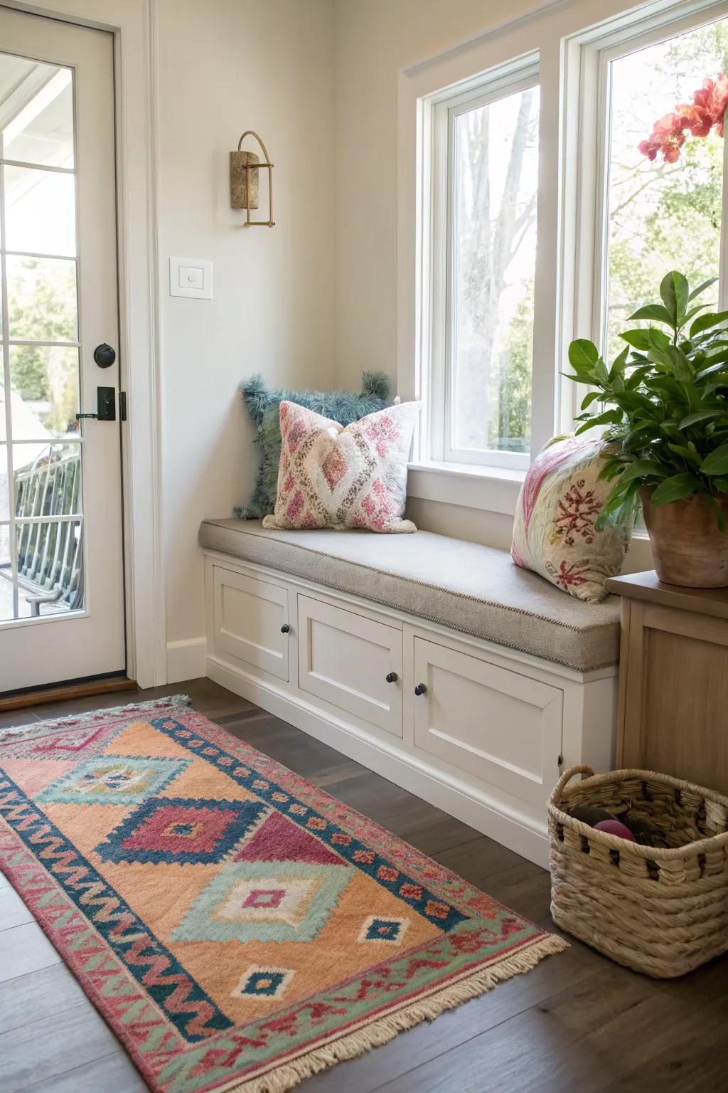 A cozy seating nook in the entryway with a small bench and soft cushions.