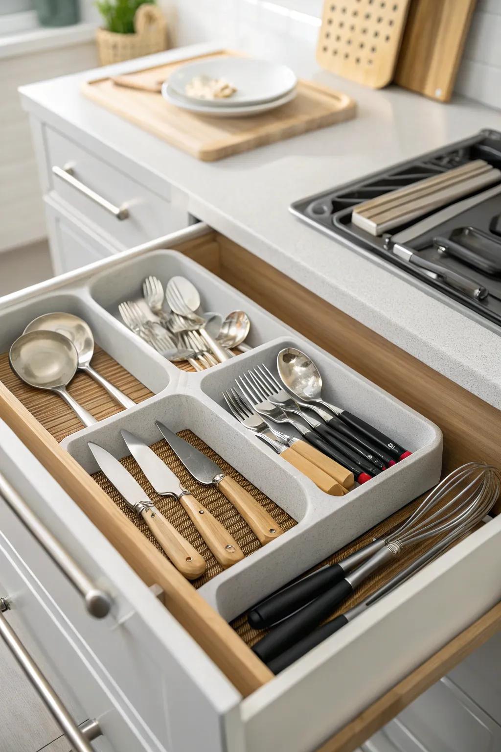 Drawer organizers keeping utensils sorted and accessible.