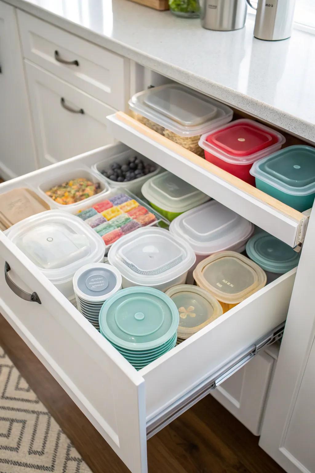 A kitchen drawer with neatly stacked plastic containers and lids.