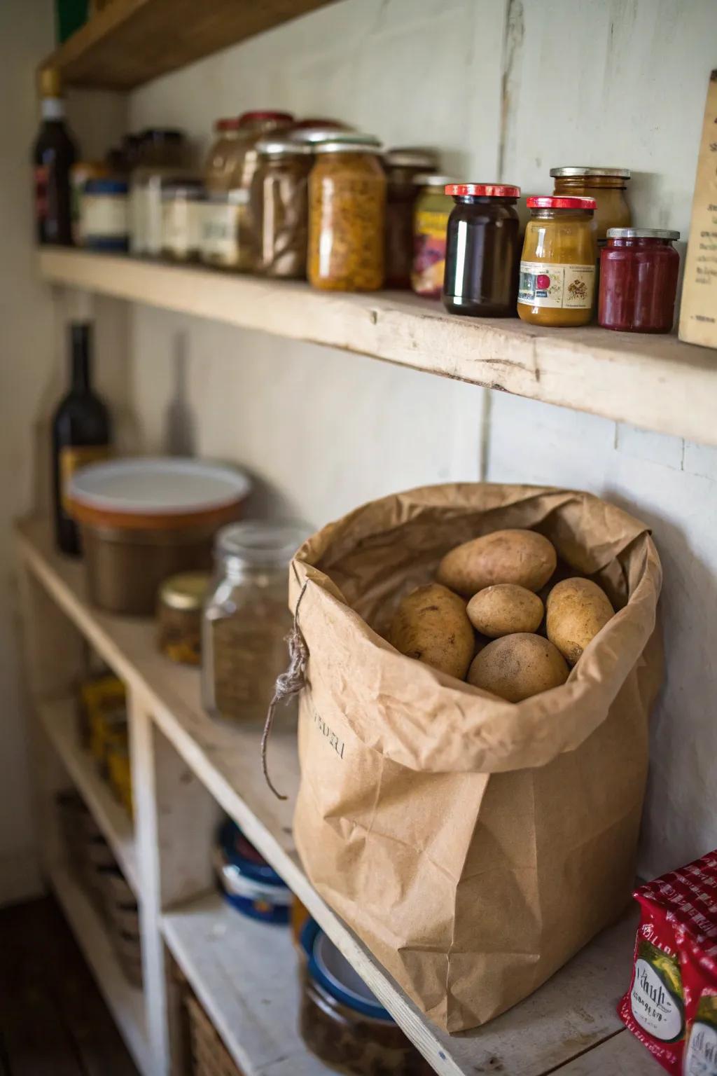 Classic pantry storage for potatoes in a rustic setting.