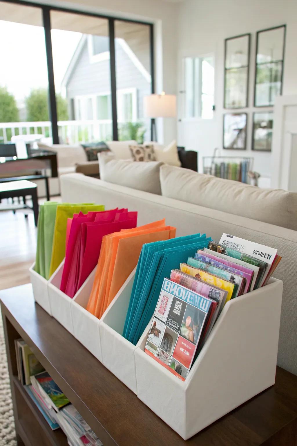 Tissue paper stored neatly in magazine holders.