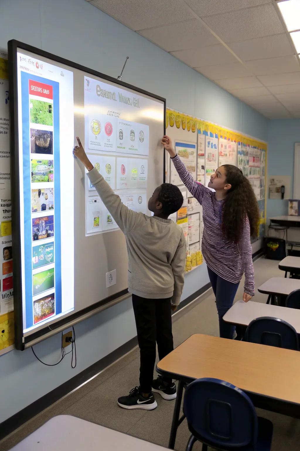 Interactive elements on the board encourage student participation and inquiry.