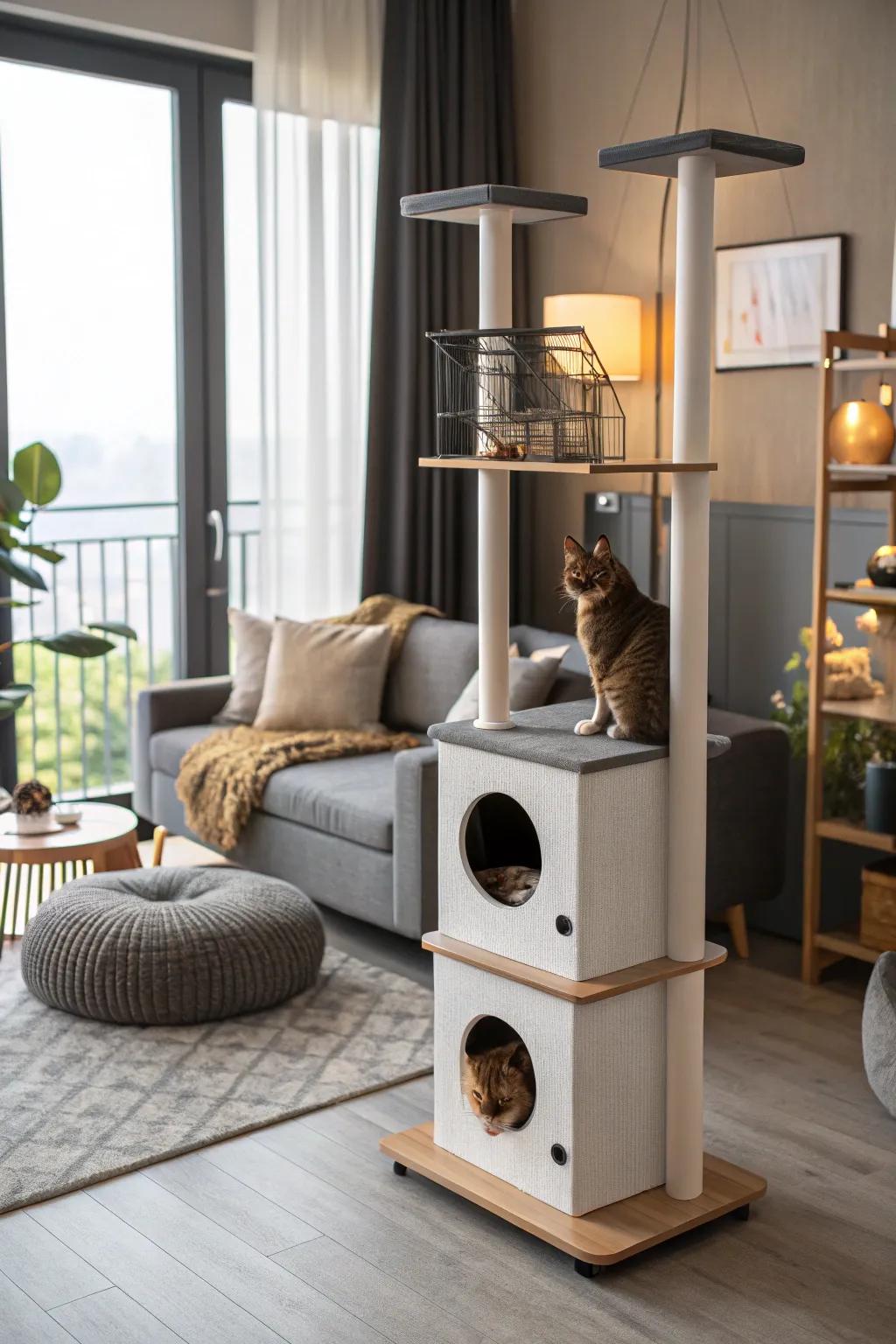 A modular cat castle that grows with your pet's needs.