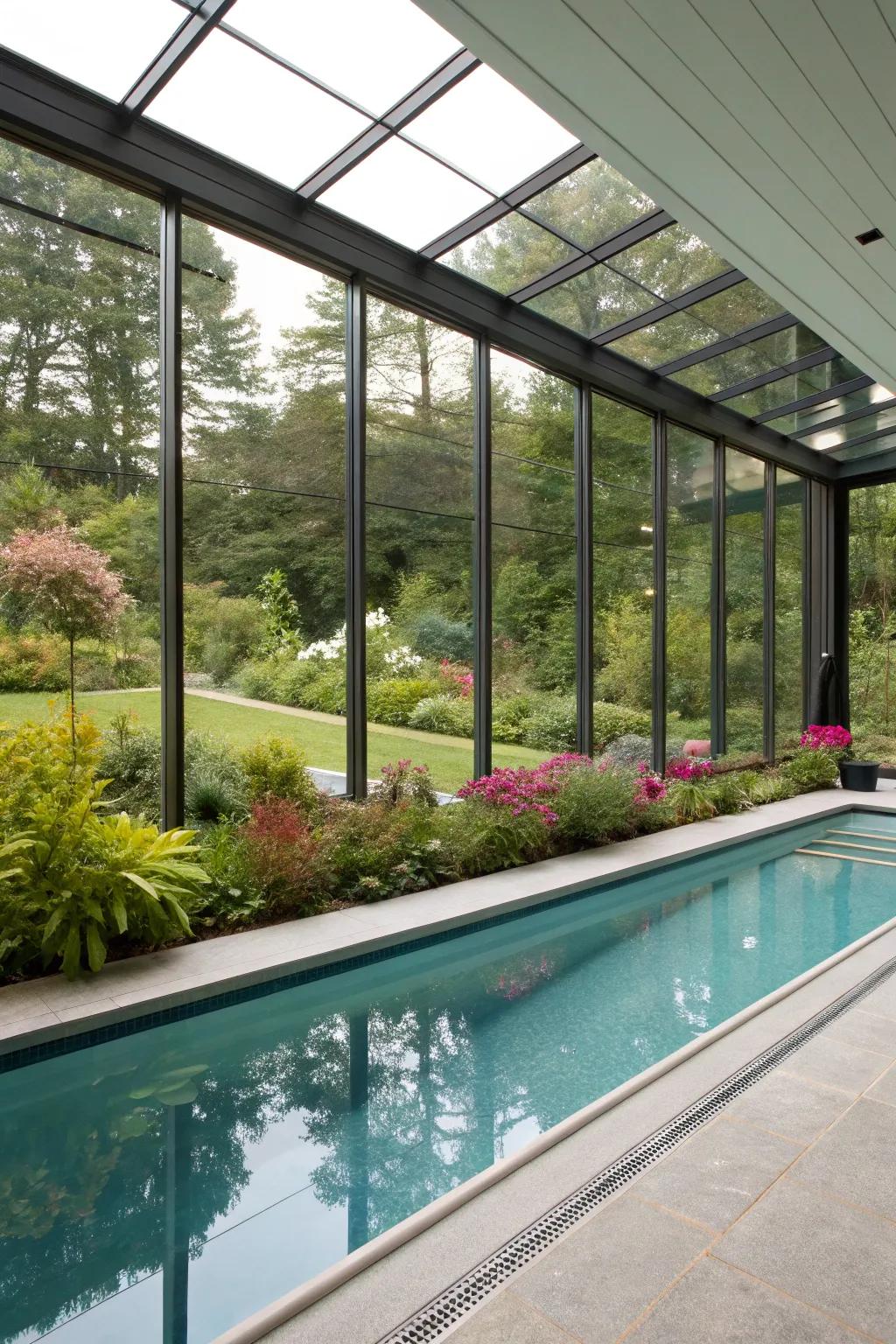 A stunning indoor pool with glass walls offering a garden view