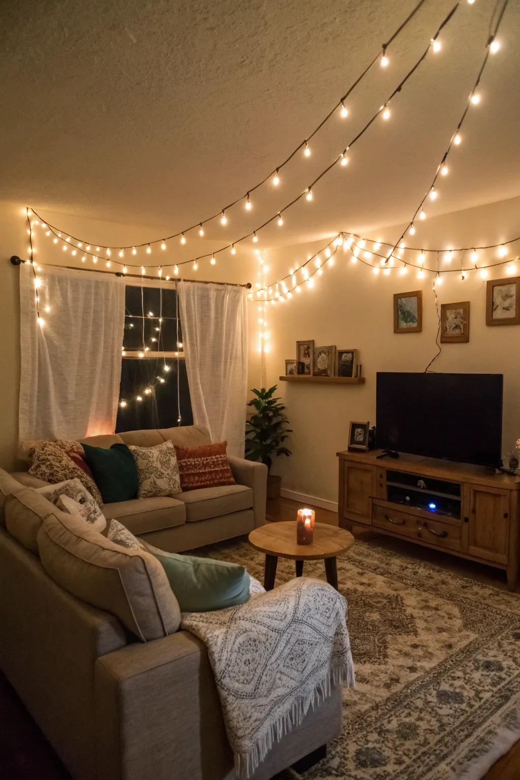 Drape string lights along your living room walls for a cozy atmosphere.