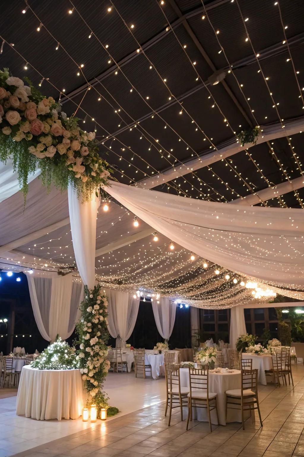 String lights casting a dreamy, starry ambiance for a wedding.