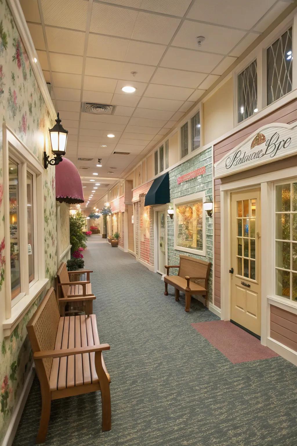 Transforming nursing home hallways into vibrant, engaging street scenes.